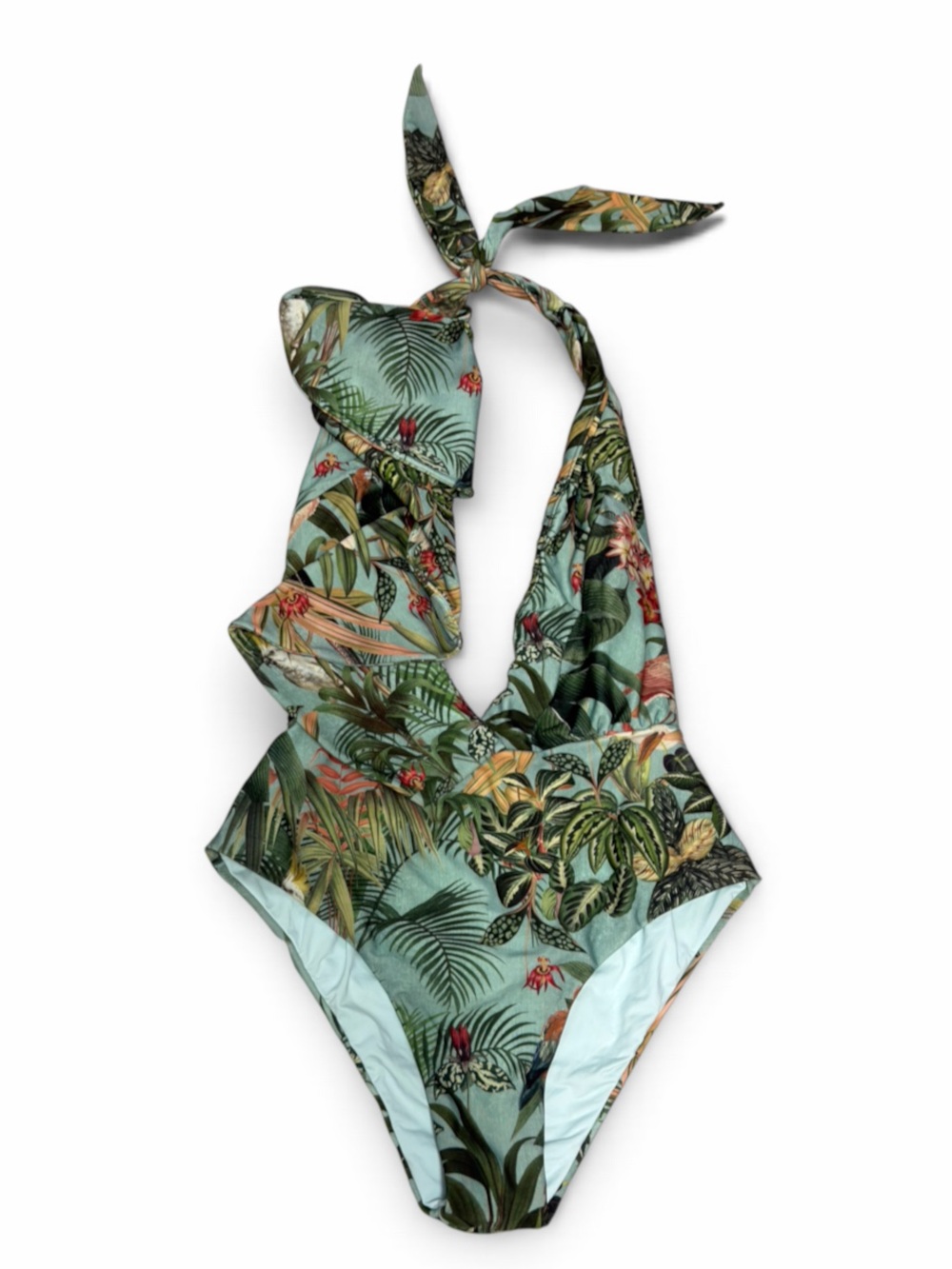 PatBo Tropical Floral Resortwear Print Ruffle Halter One-Piece Swimsuit
